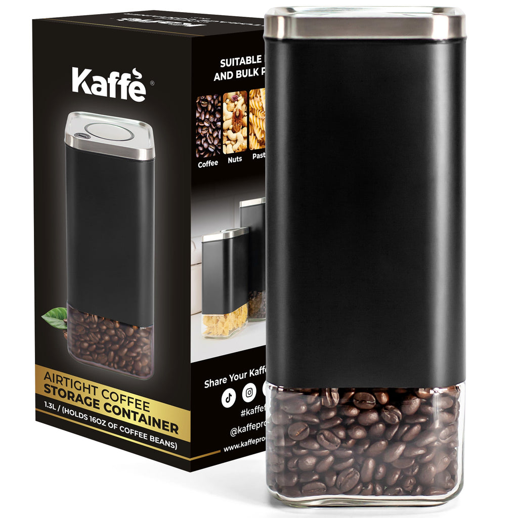 Clear 16oz square glass storage container by Kaffe Products, with airtight lid for pantry organization and food storage.