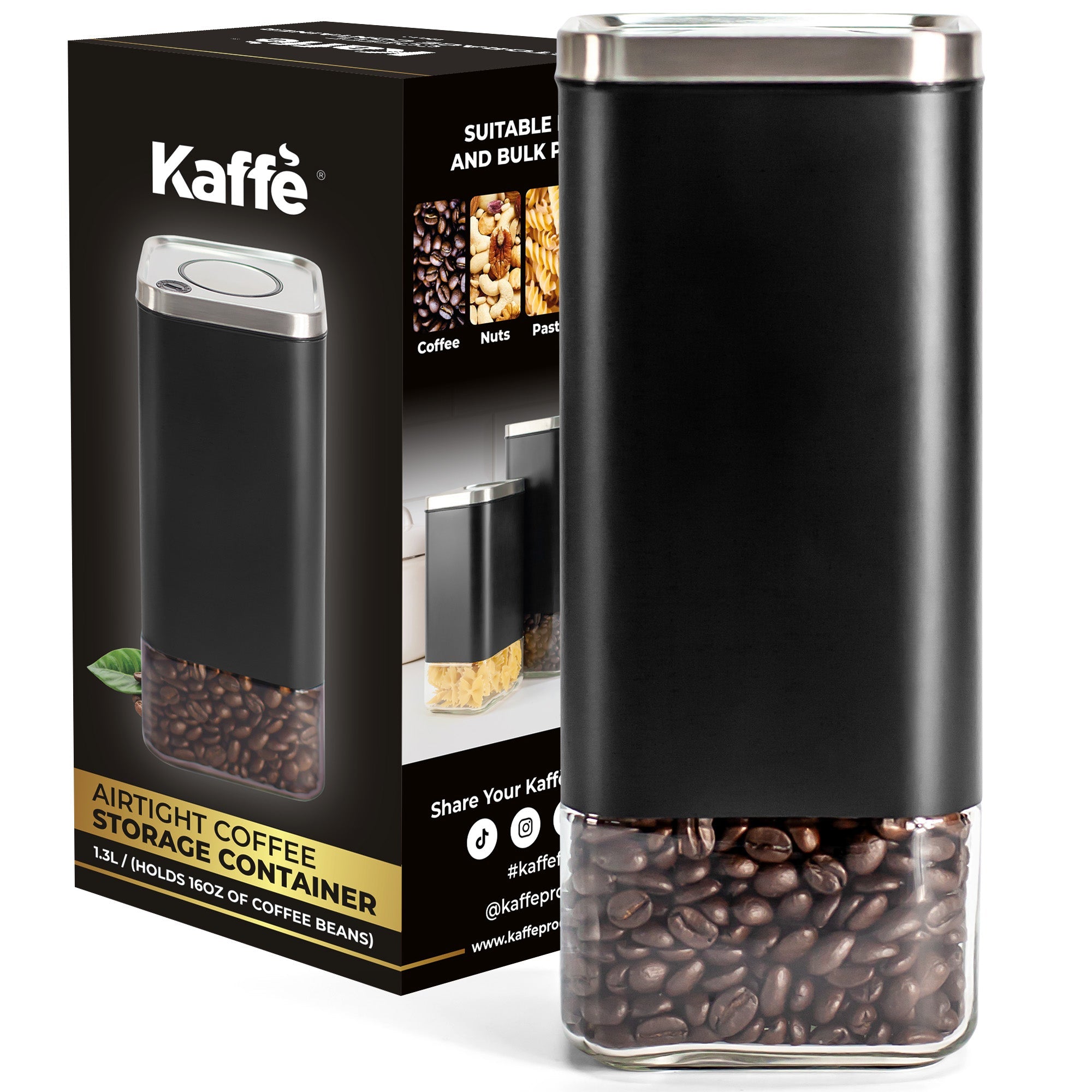 Clear 16oz square glass storage container by Kaffe Products, with airtight lid for pantry organization and food storage.