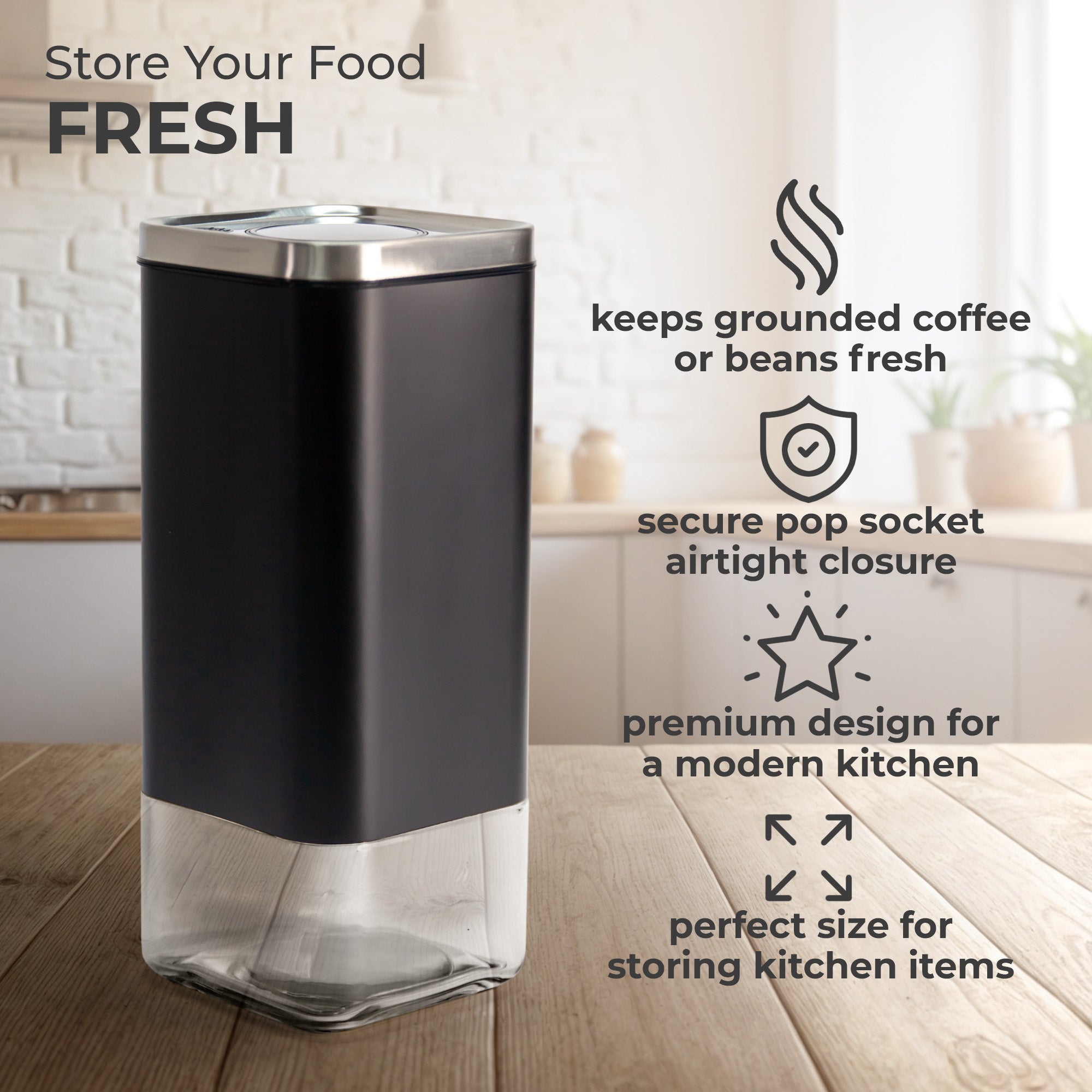 16oz square glass storage container by Kaffe Products with clear glass and airtight lid for kitchen organization.