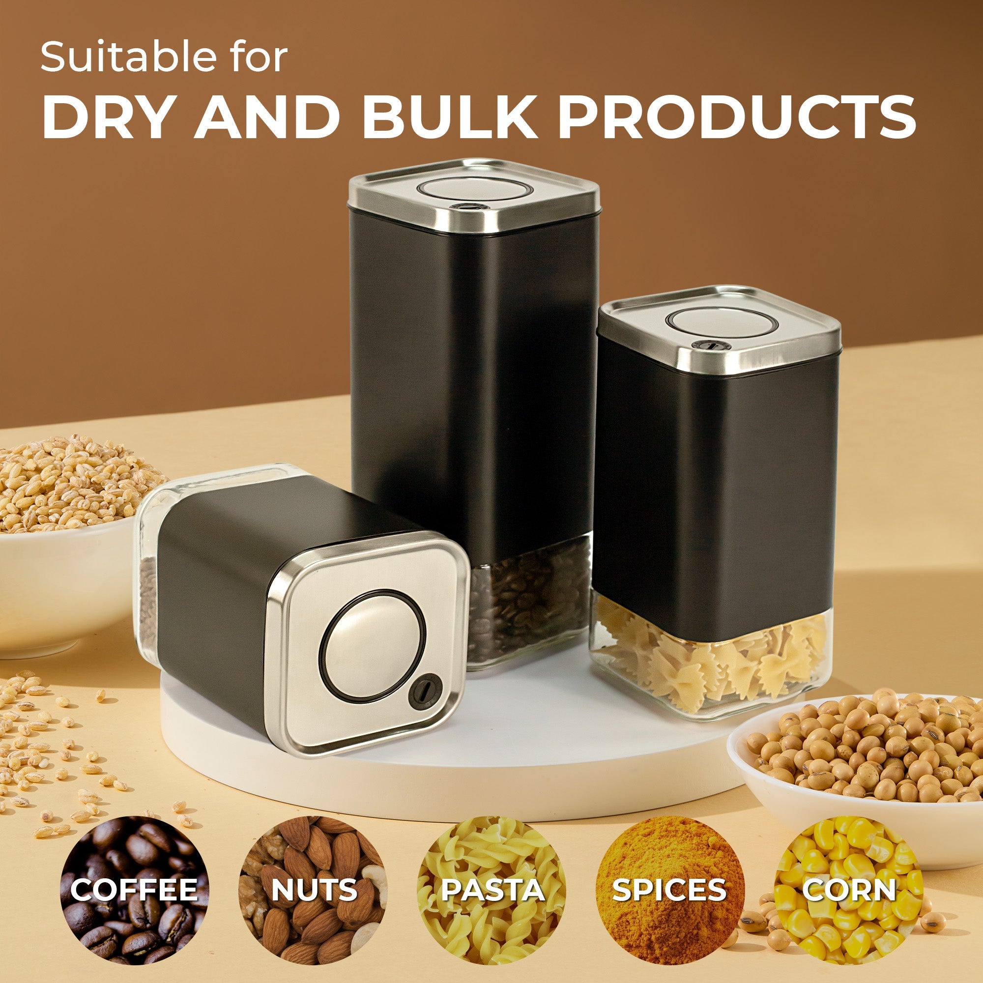 16oz square glass storage container by Kaffe Products with a clear lid and transparent body, ideal for kitchen organization.