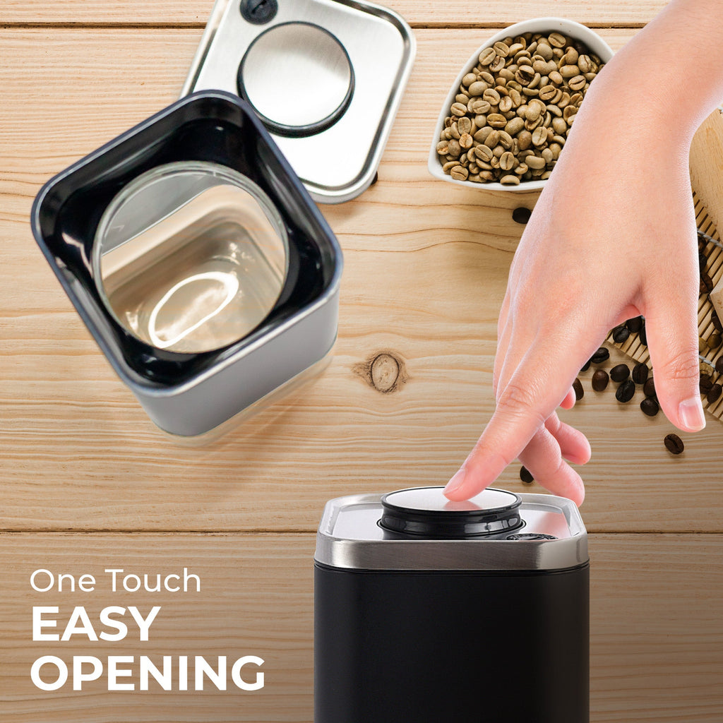 16oz square glass storage container by Kaffe Products with a clear lid for kitchen organization and food storage.