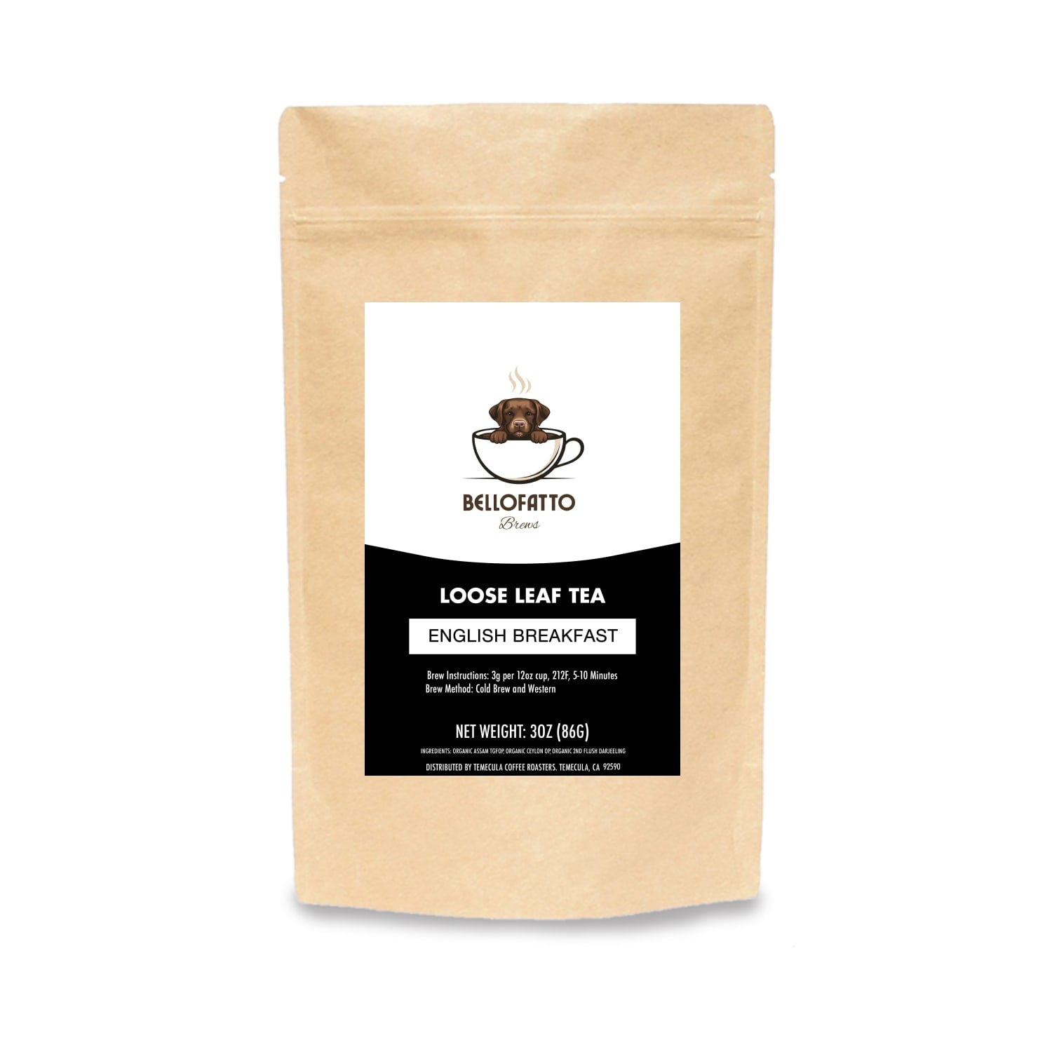 Loose leaf English Breakfast tea by Bellofatto Brews in a 3oz package, showcasing dark tea leaves in a clear container.