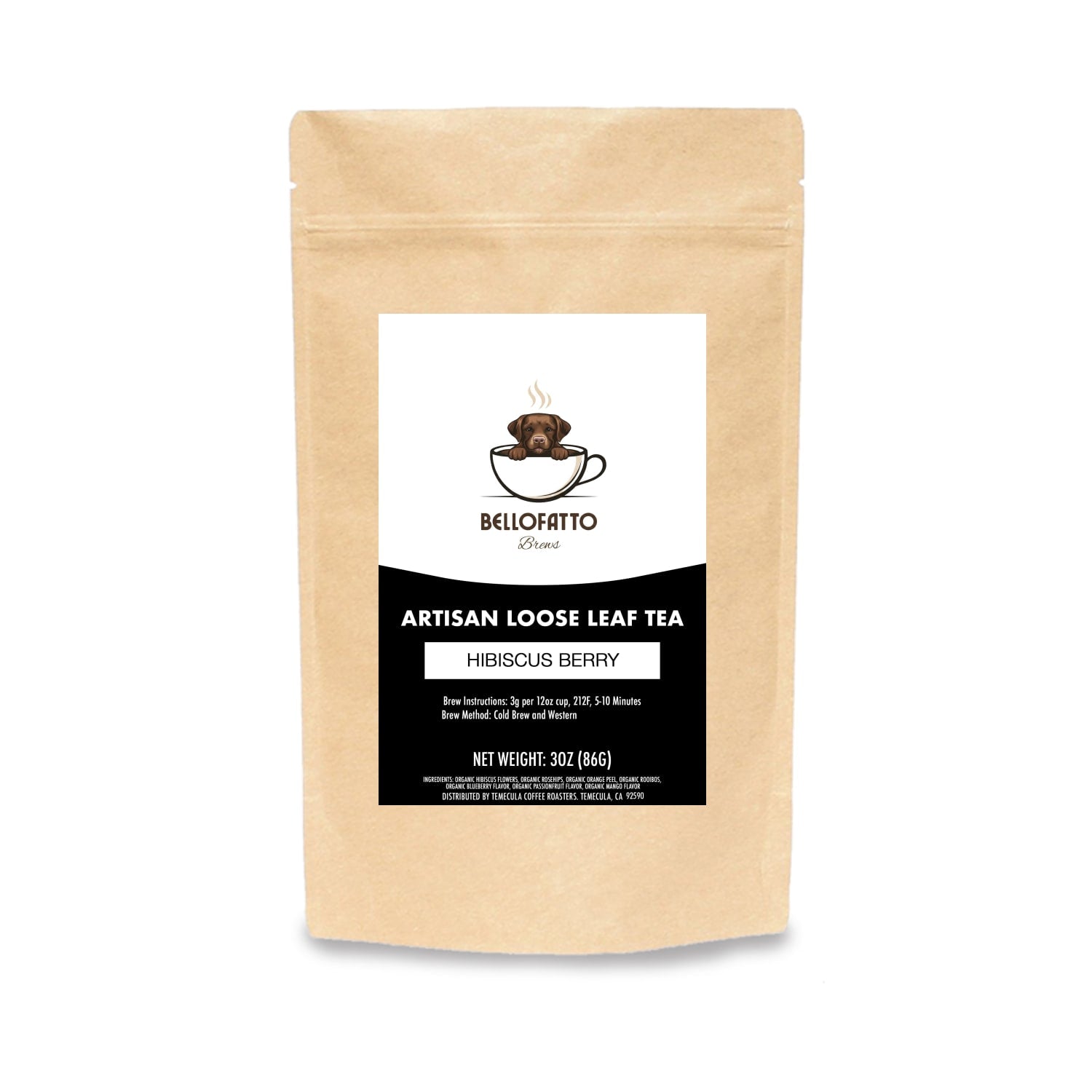 Loose leaf Bellofatto Rosso Hibiscus Berry tea in a 3oz package with vibrant hibiscus and berry ingredients visible.