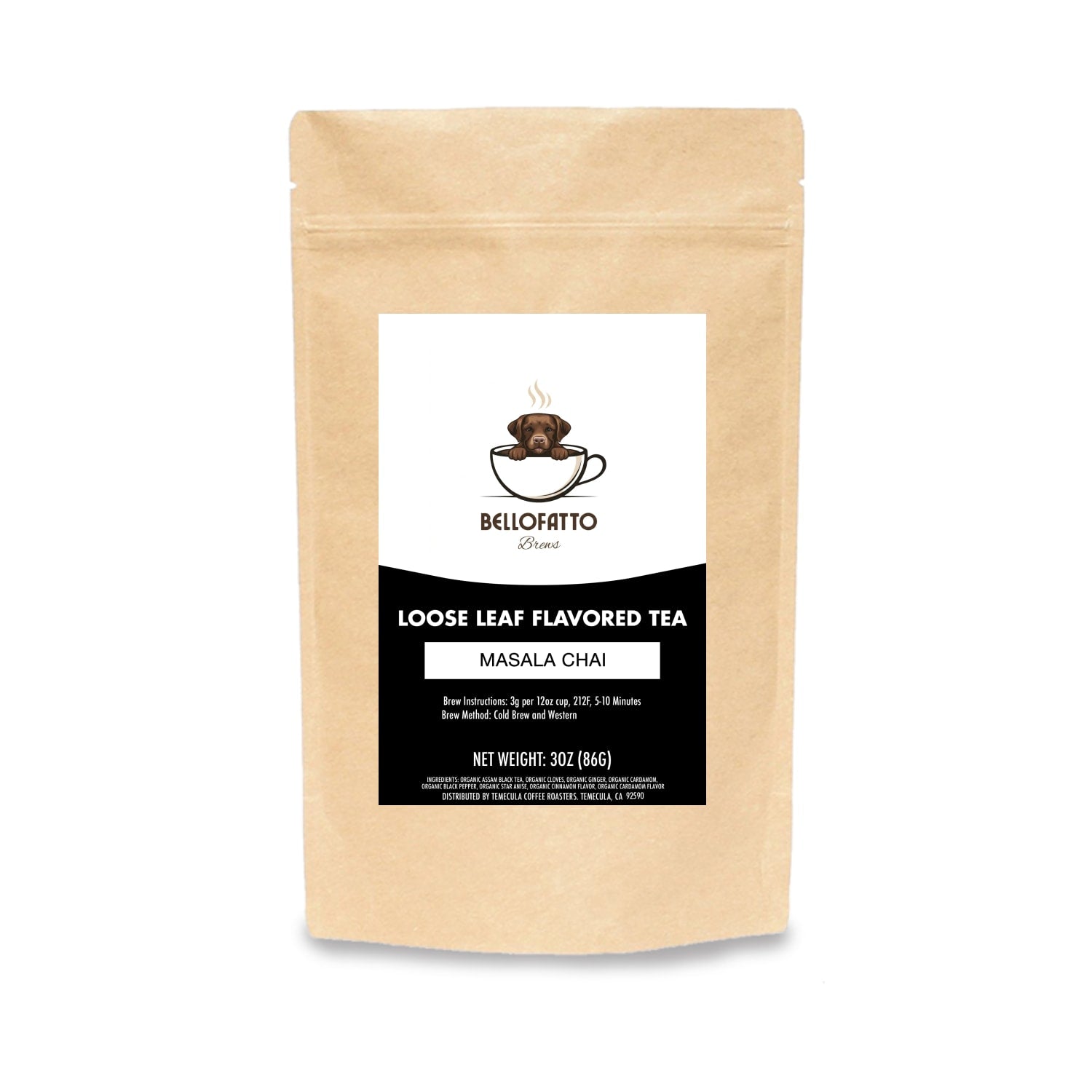 Bellofatto Brews Masala Bellofatto Masala Chai loose leaf tea in a 3oz package, aromatic blend of spices and black tea leaves.