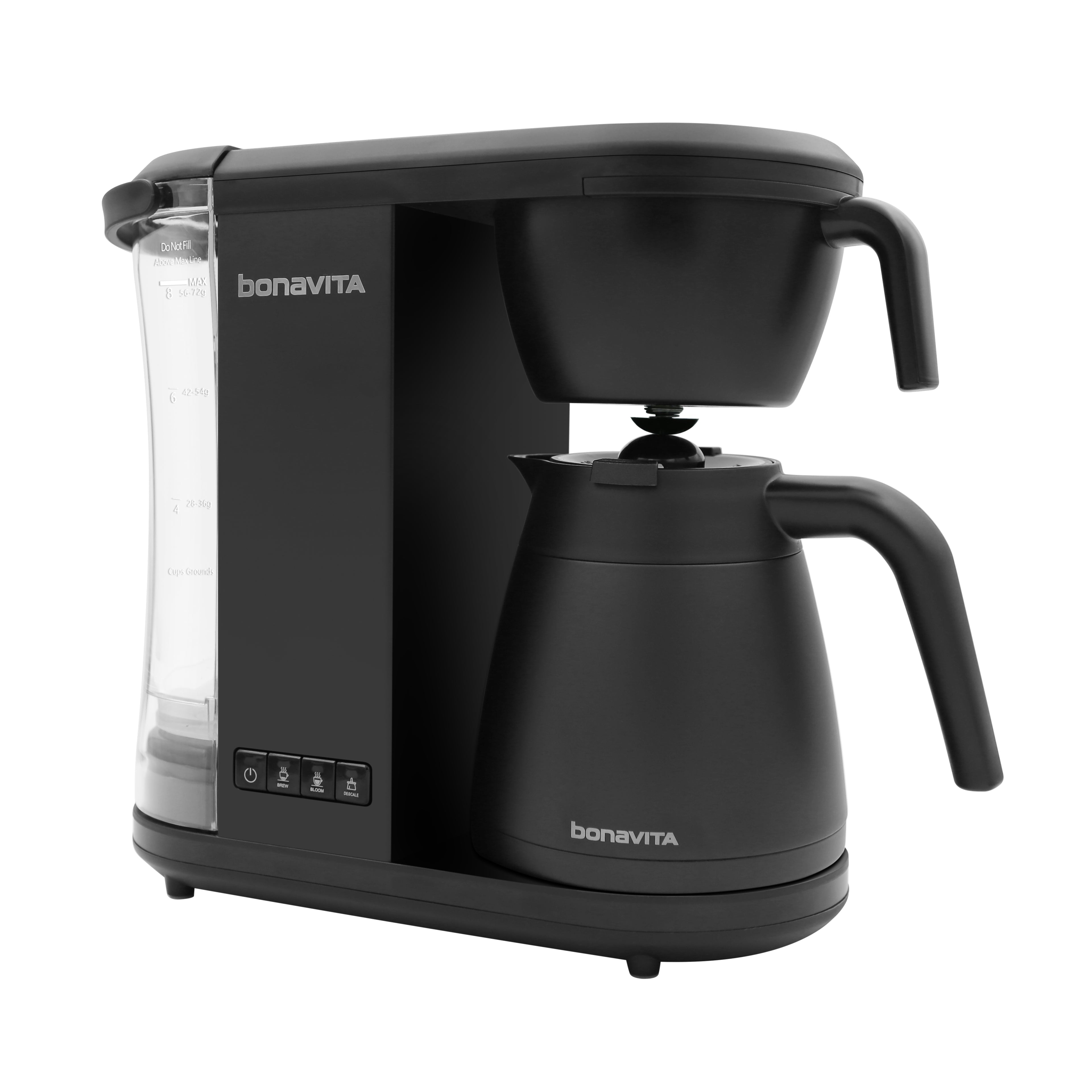 Bonavita Enthusiast 8-Cup drip coffee maker with stainless steel design and 1.3L thermal or glass carafe.