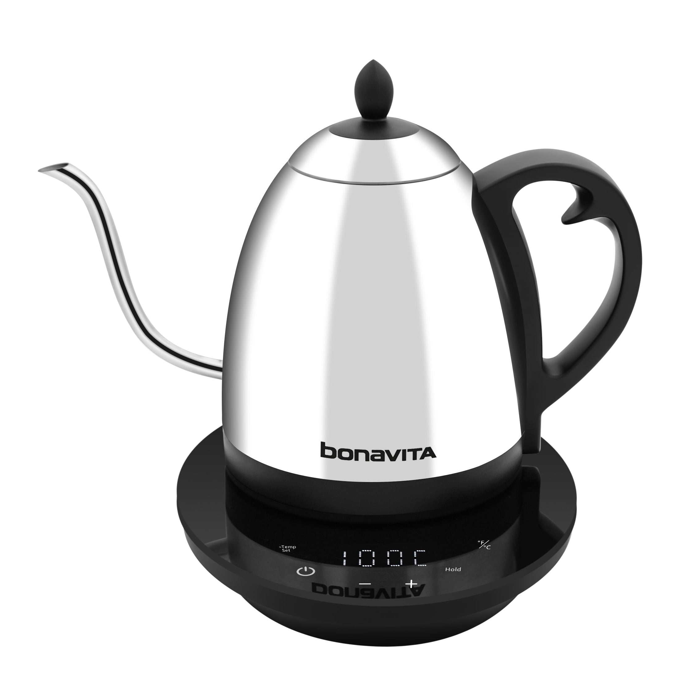 Stainless steel Bonavita Cosmopolitan 1.0L gooseneck electric kettle with precision temperature control and ergonomic handle.