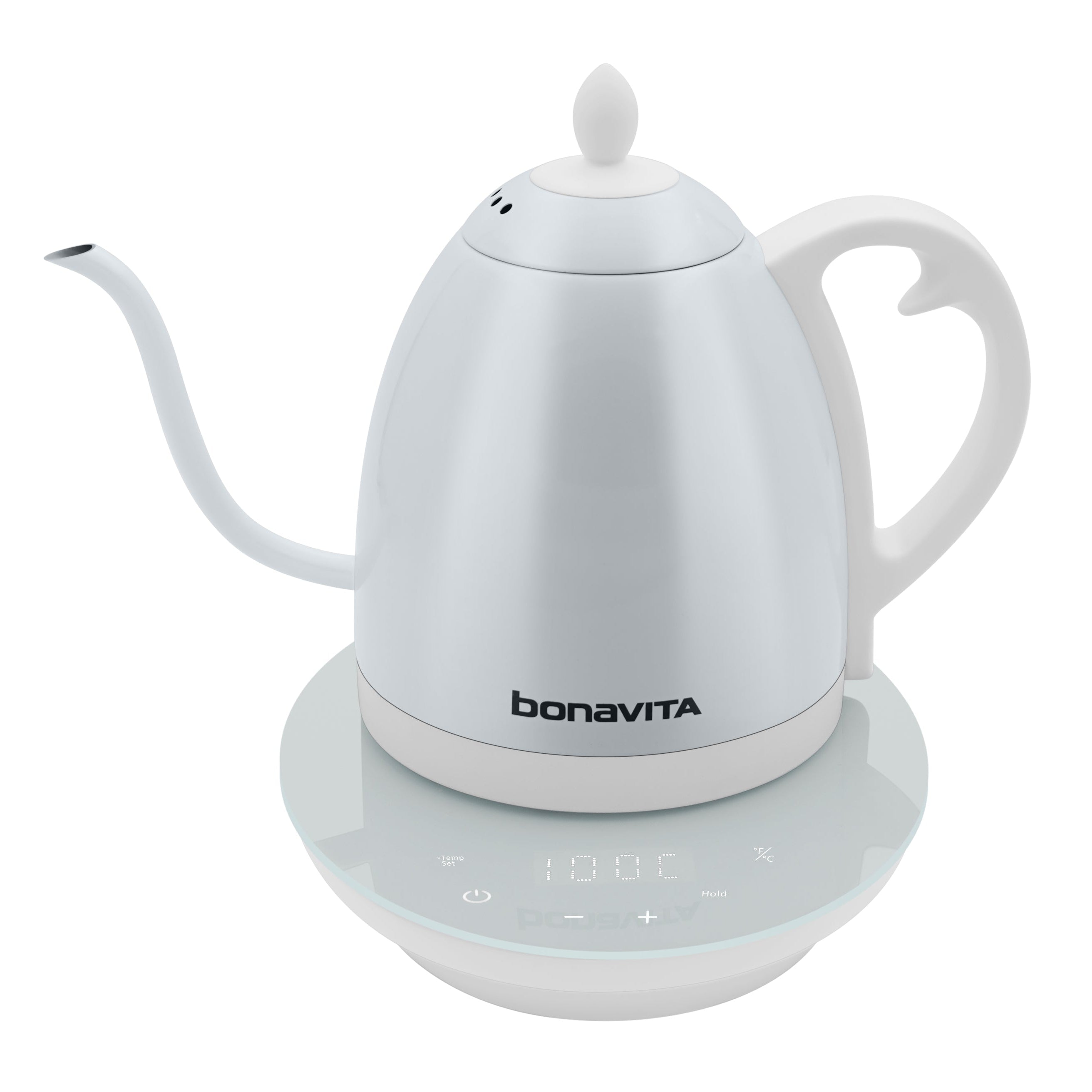 Bonavita Cosmopolitan 1.0L stainless steel gooseneck electric kettle with precision temperature control for brewing tea and coffee.