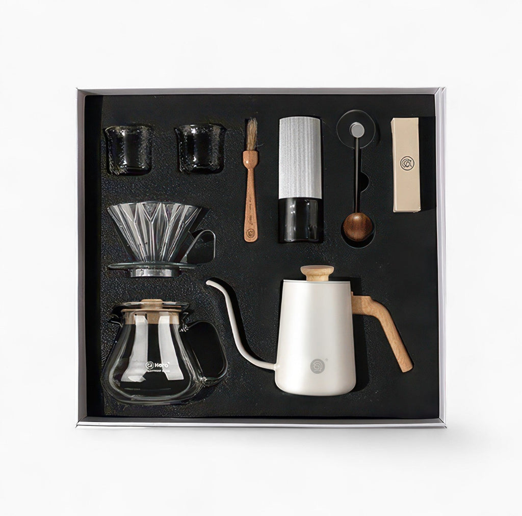 Lastaforest all-in-one pour-over coffee kit with black coffee tools, including a dripper, kettle, and accessories for brewing.