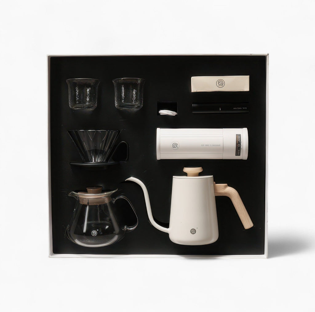Lastaforest all-in-one pour-over coffee kit with black coffee tools including dripper, server, and accessories in a compact set.