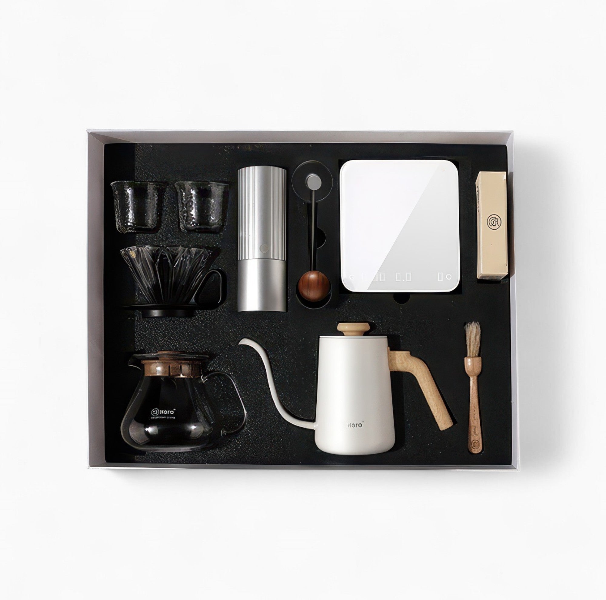 Black All-in-One Pour Over Coffee Kit by Lastaforest with coffee dripper, filter, and accessories for brewing fresh coffee.